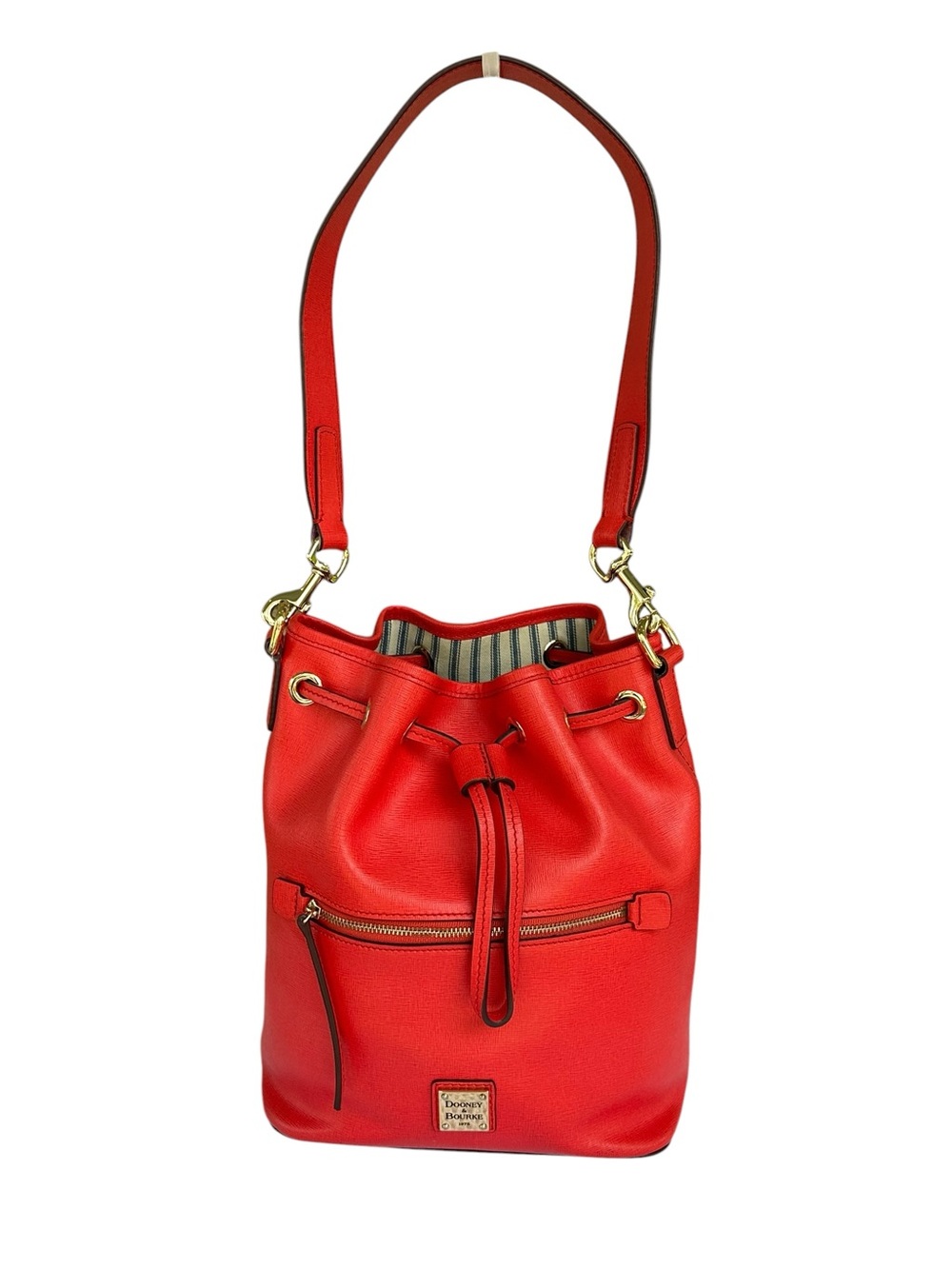 Dooney & Bourke Red/Coral Saffiano Leather Drawstring Bucket Shoulder Bag.